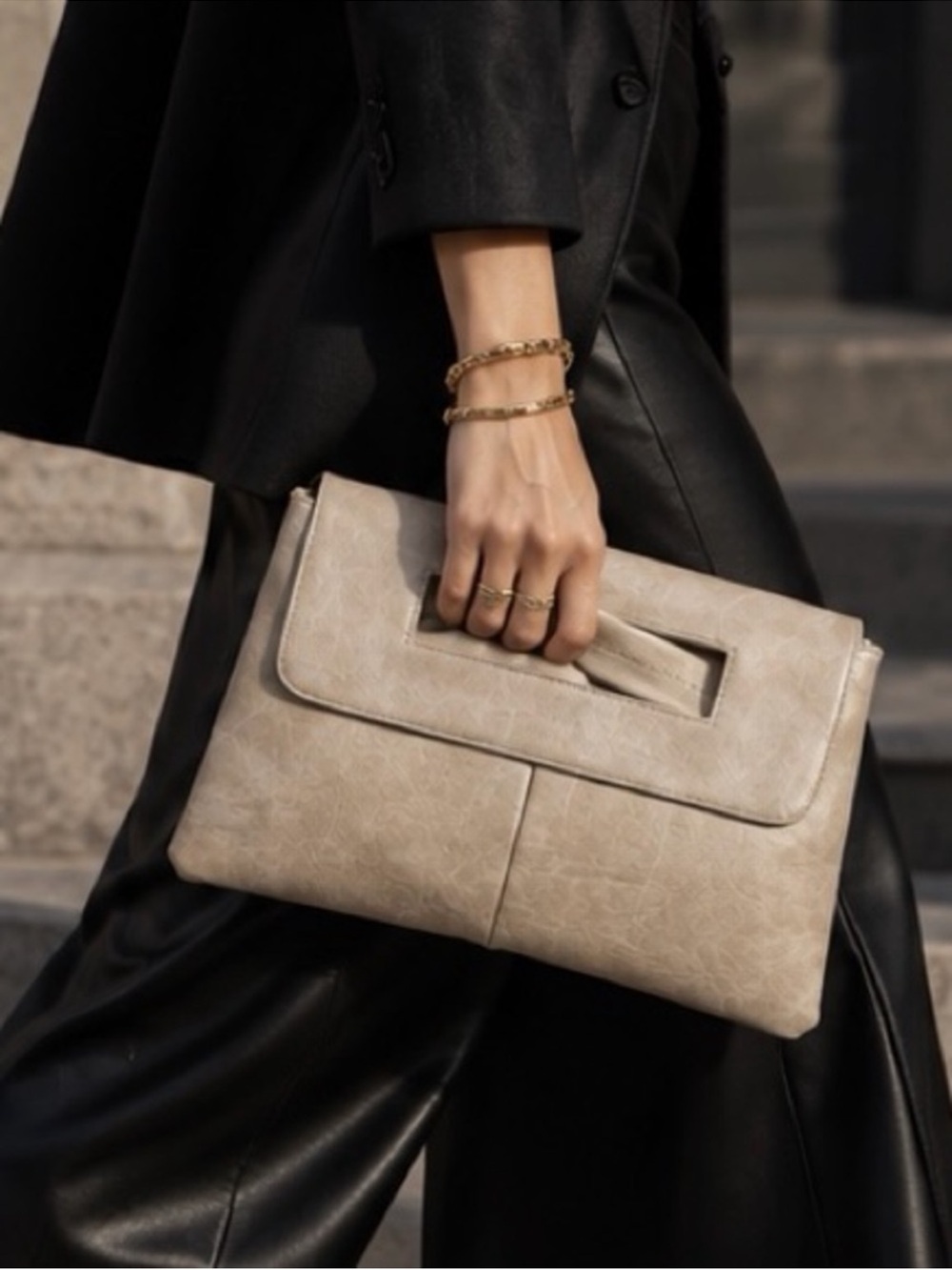 Neutral Beige Envelope Clutch with Built-In Handle